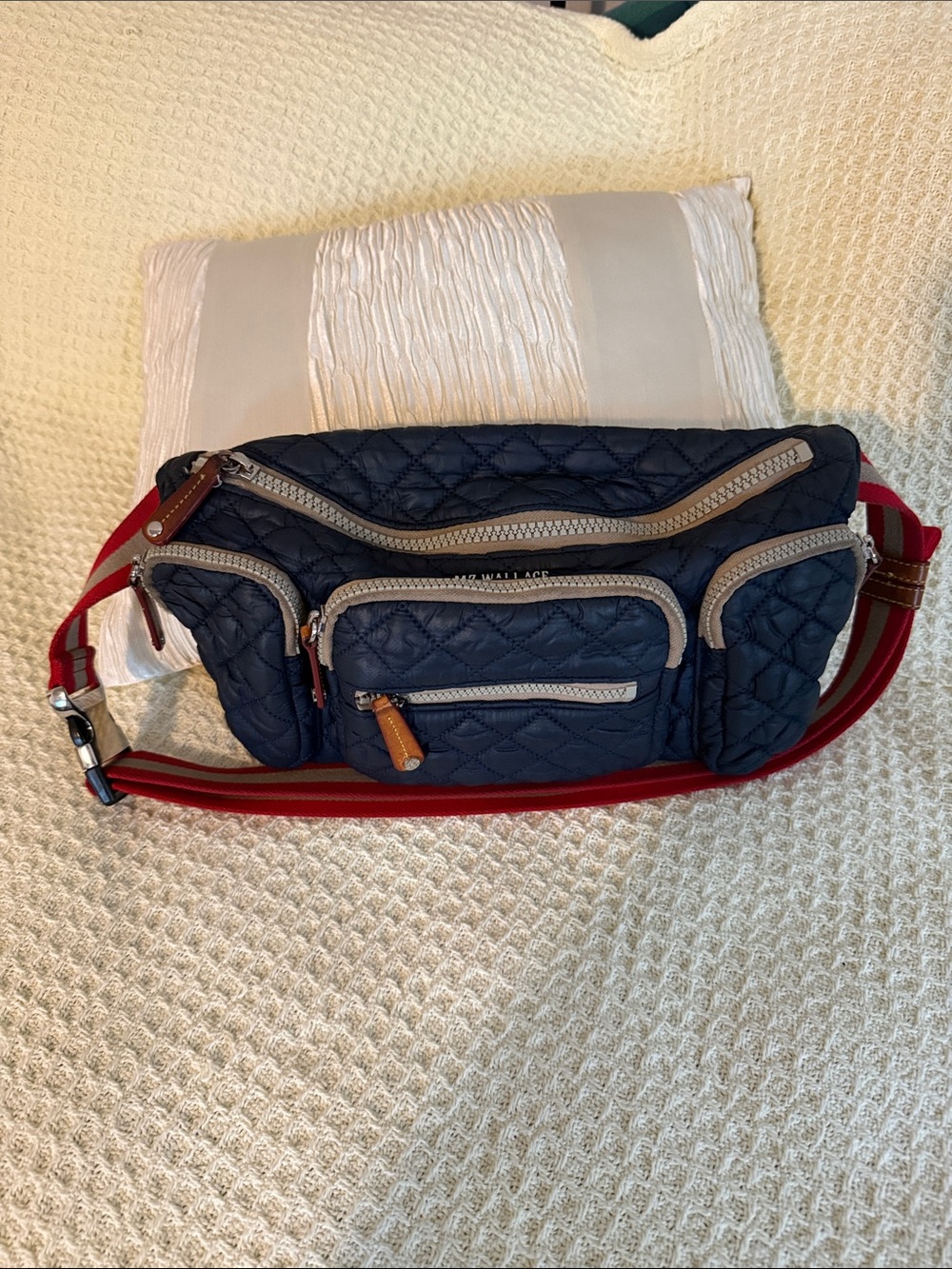 MZ Wallace Navy Quilted Crossbody Belt Bag with Red Strap